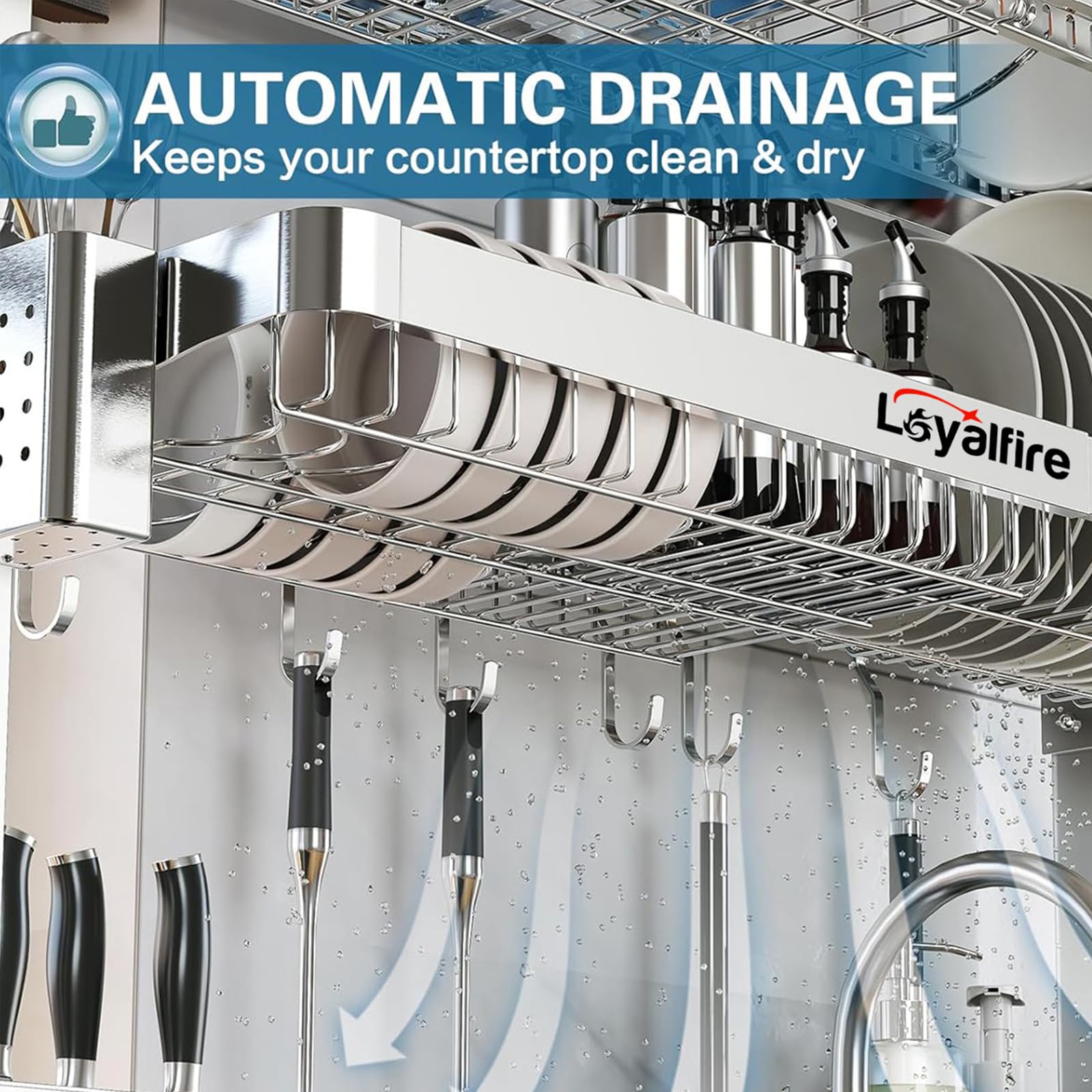 Loyalfire dish drying rack with cutlery holders and cup hooks for quick drying.