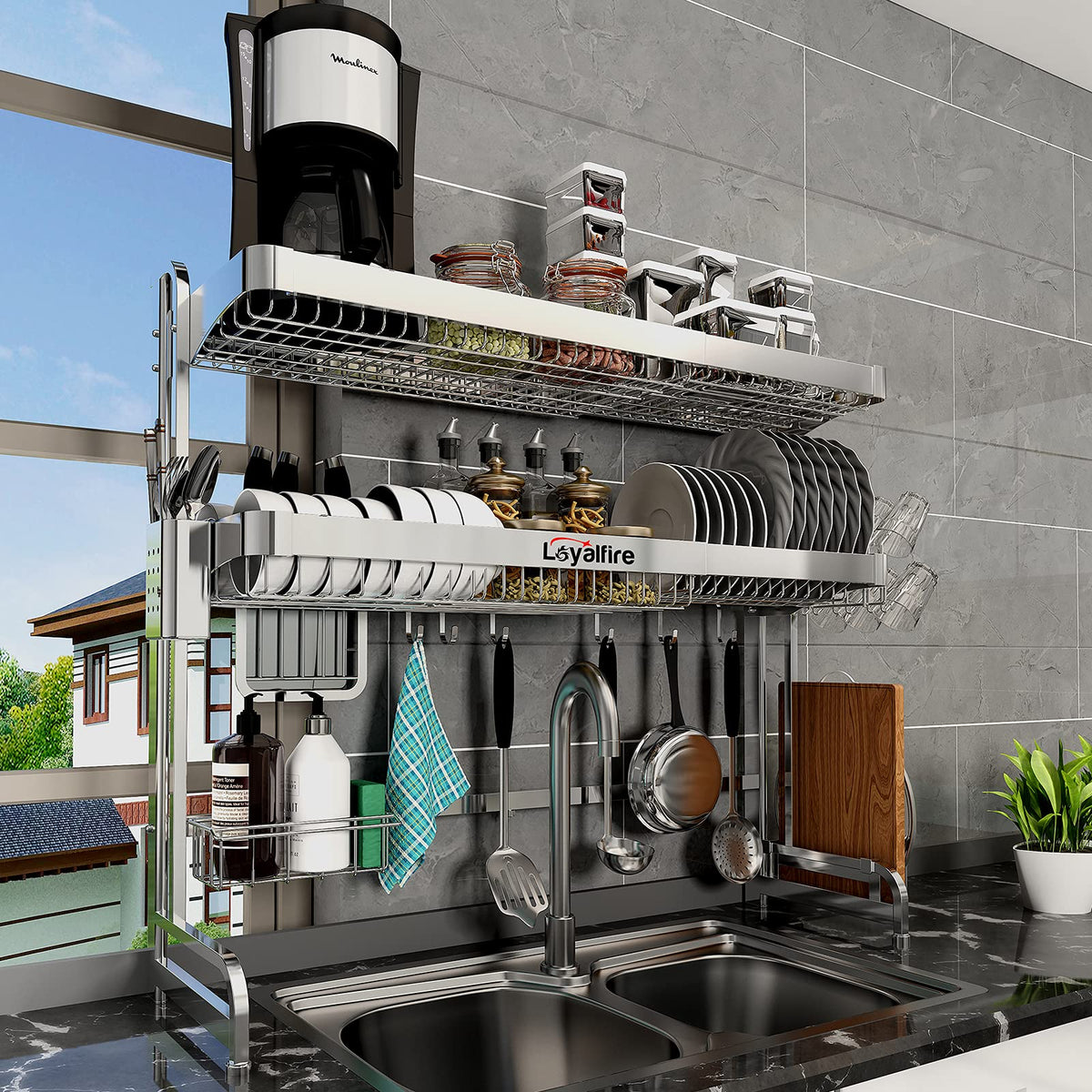 Loyalfire over-sink dish drying rack assembled, saving counter space and draining into the sink.