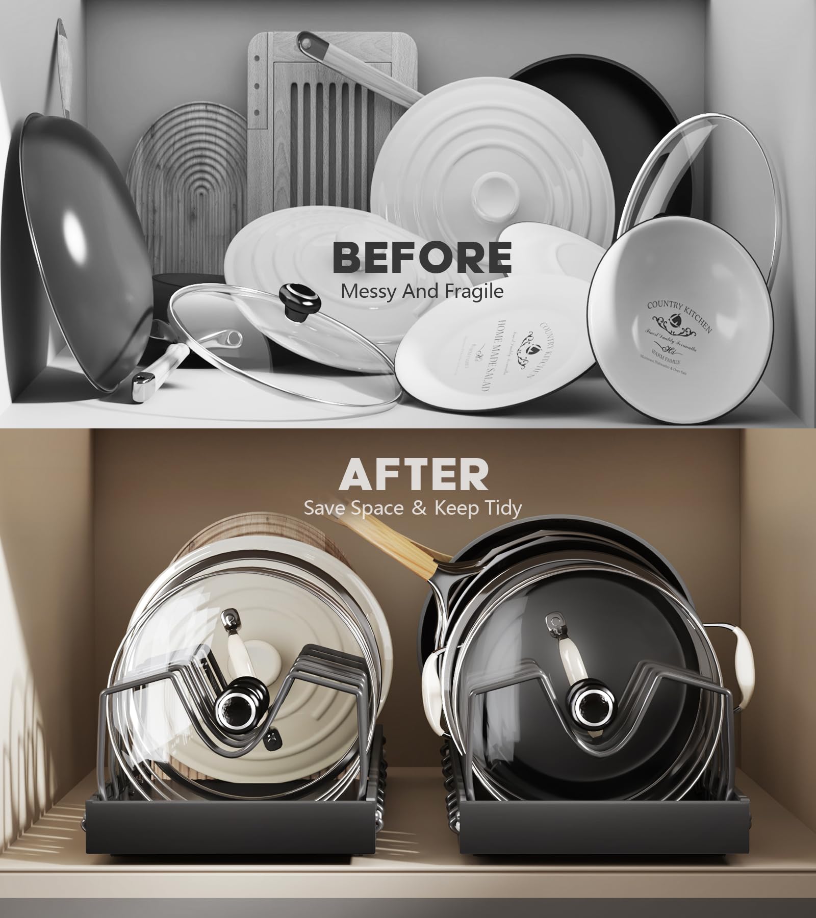 Lozovin adjustable-dividers for pots and pans maximize cabinet space and custom fit.