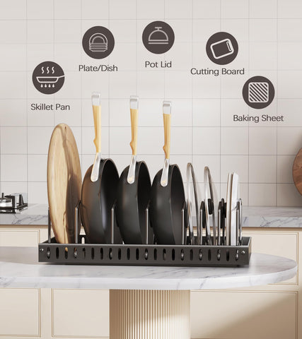 Lozovin kitchen-space-saver for pots and pans, keeping deep cabinets organized.