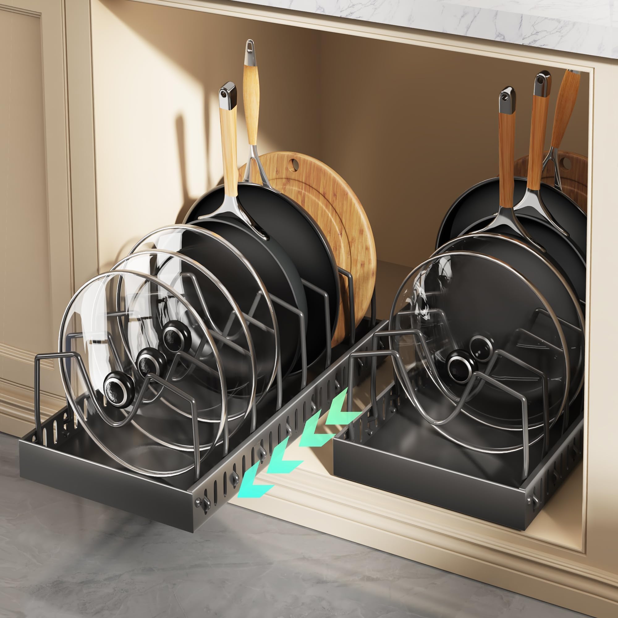 Lozovin pull-out pots and pans organizer under-cabinet showing smooth slide for easy access.