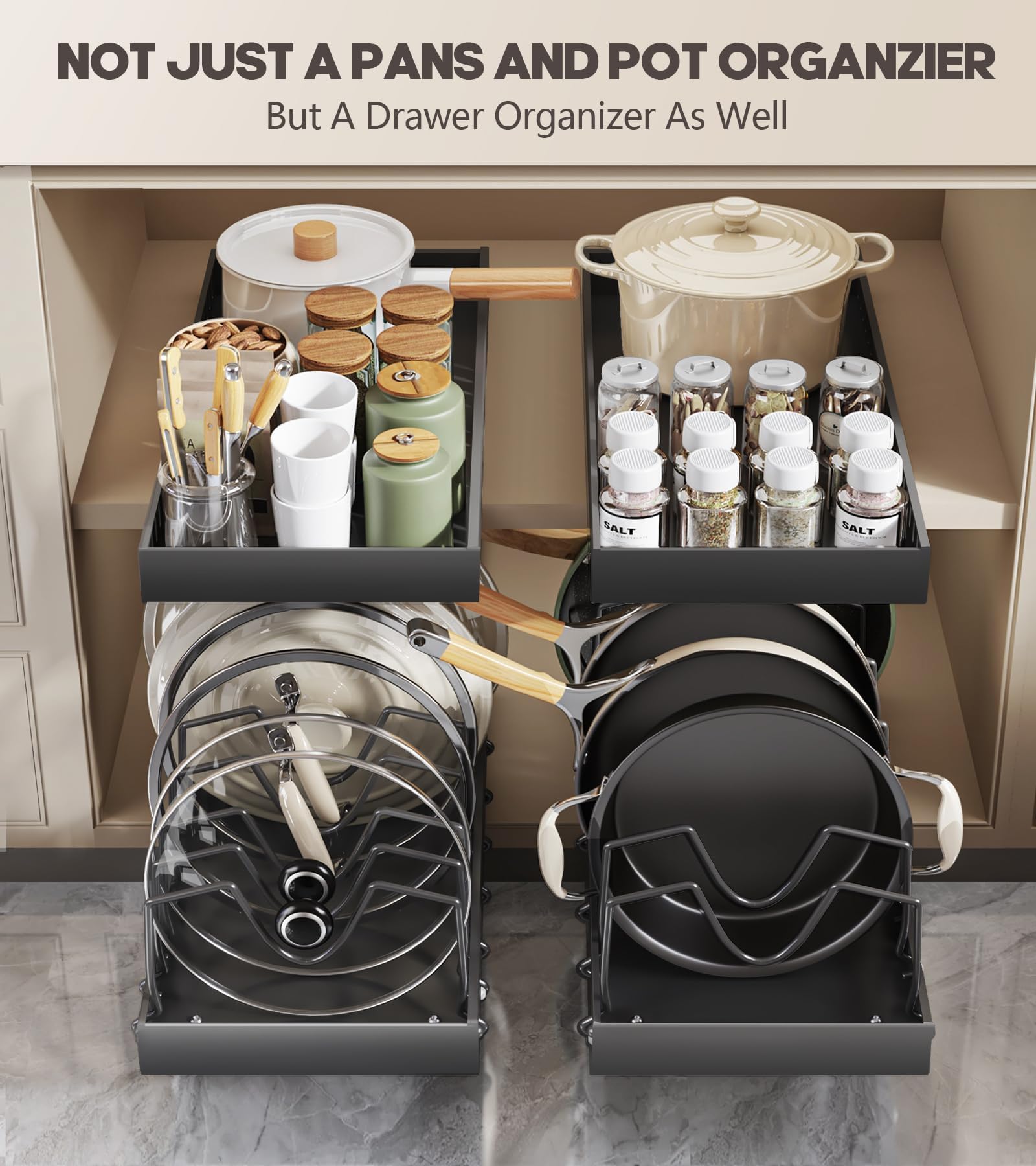 Lozovin sturdy pull-out organizer keeps heavy pots stable and reduces wobble.