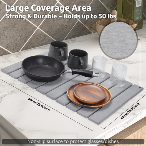 Lprmnnc collapsible dish drying pad stored in drawer for space-saving.