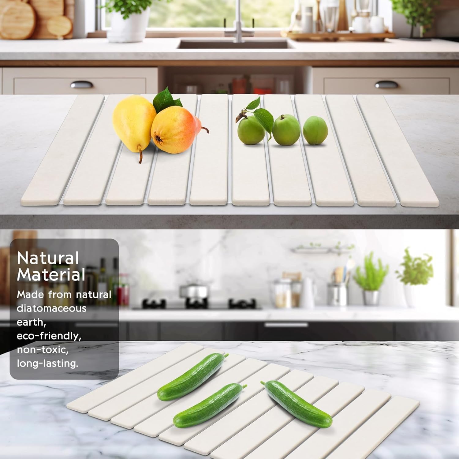 Mat in use with plates and cups on the counter