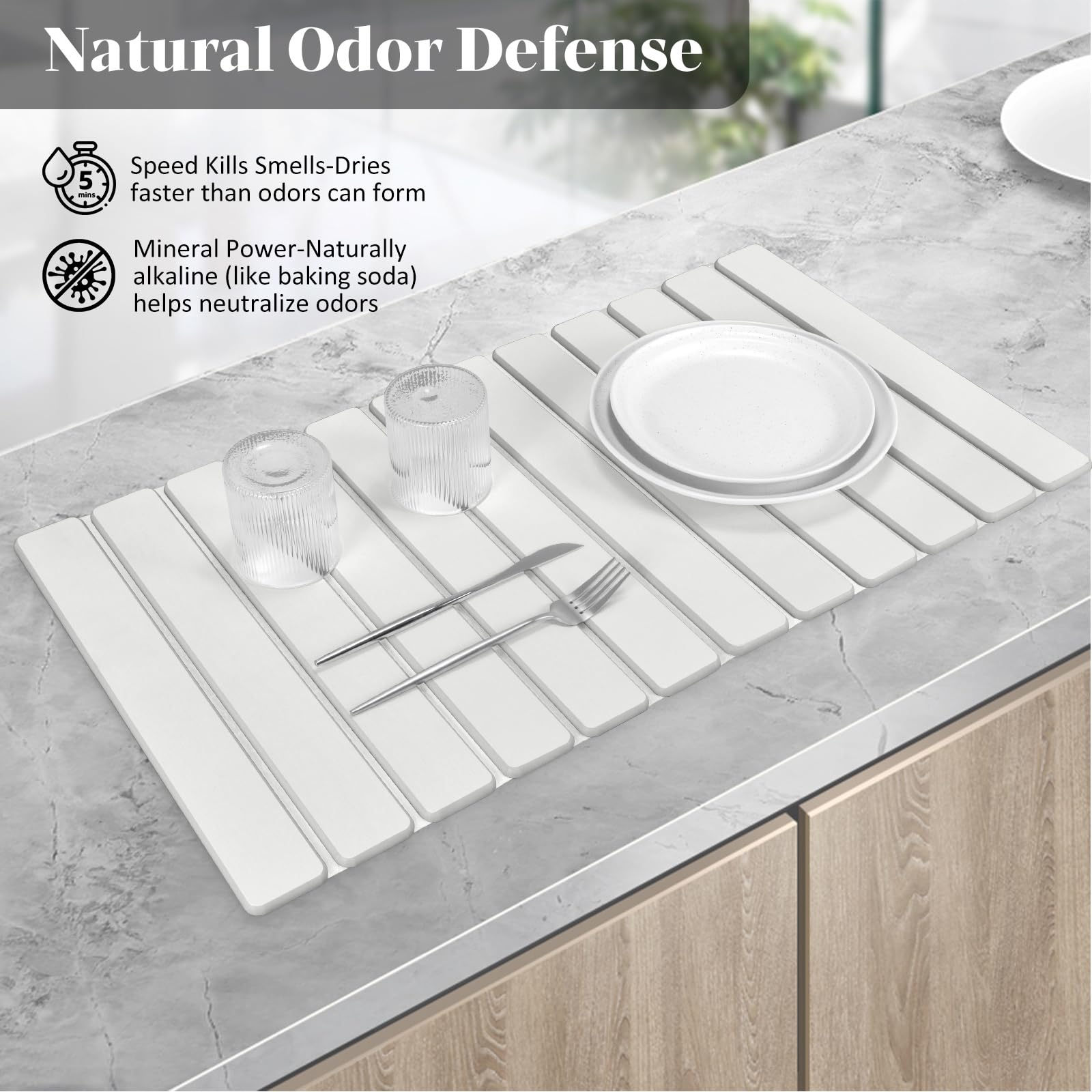 Lprmnnc Extral Large Stone Dish Drying Mat on countertop with absorbent surface