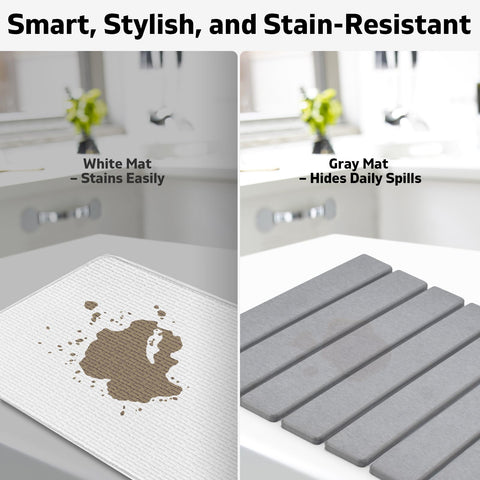 Lprmnnc grey mat used as heat-proof mat on a countertop.