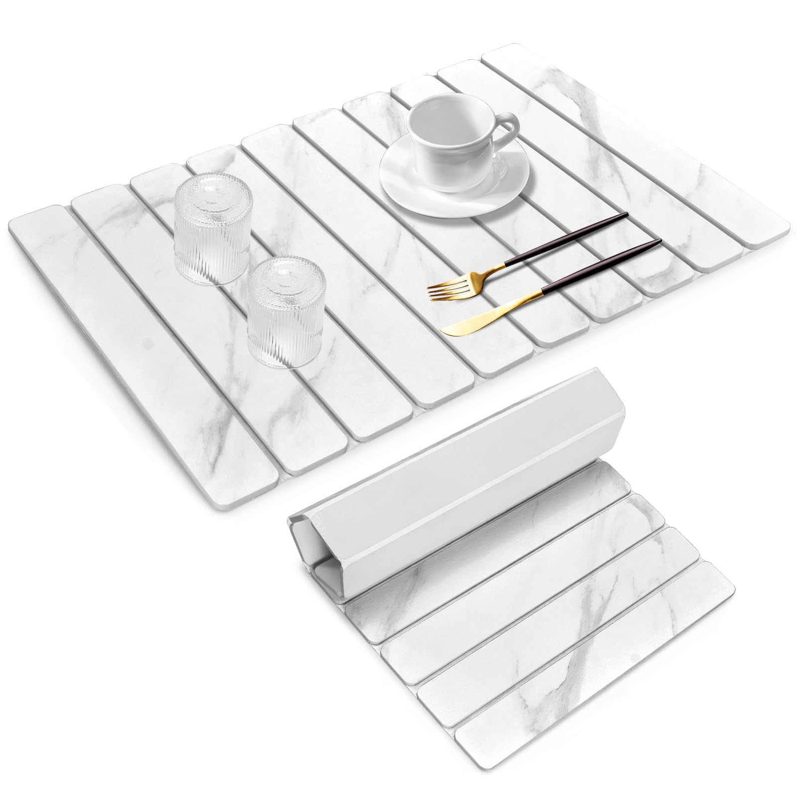 Lprmnnc large stone dish drying mat in marble pattern on counter protects surfaces while drying dishes