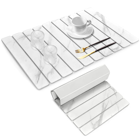 Lprmnnc large stone dish drying mat in marble pattern on counter protects surfaces while drying dishes