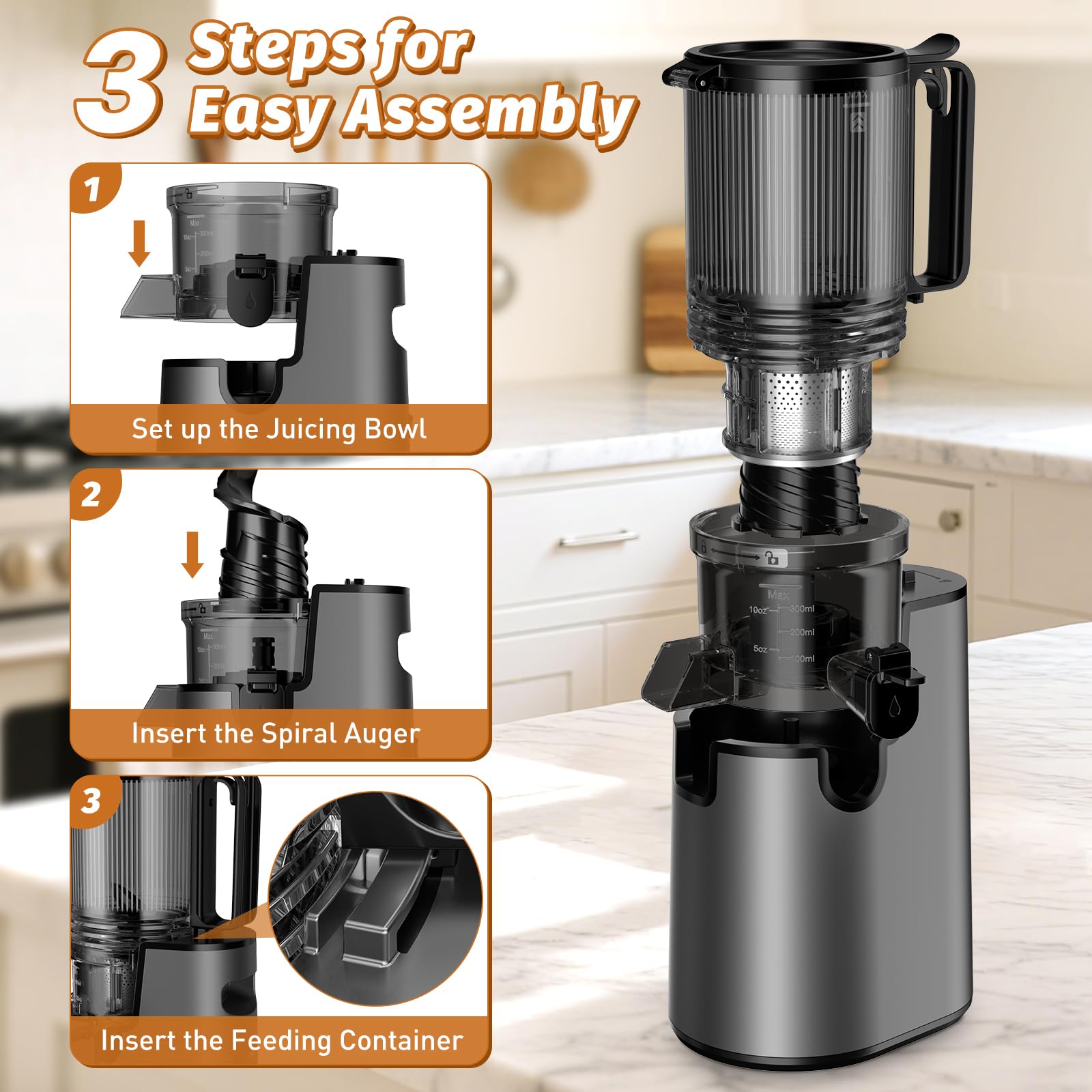 LQZ compact black juicer fits into modern kitchen aesthetics.