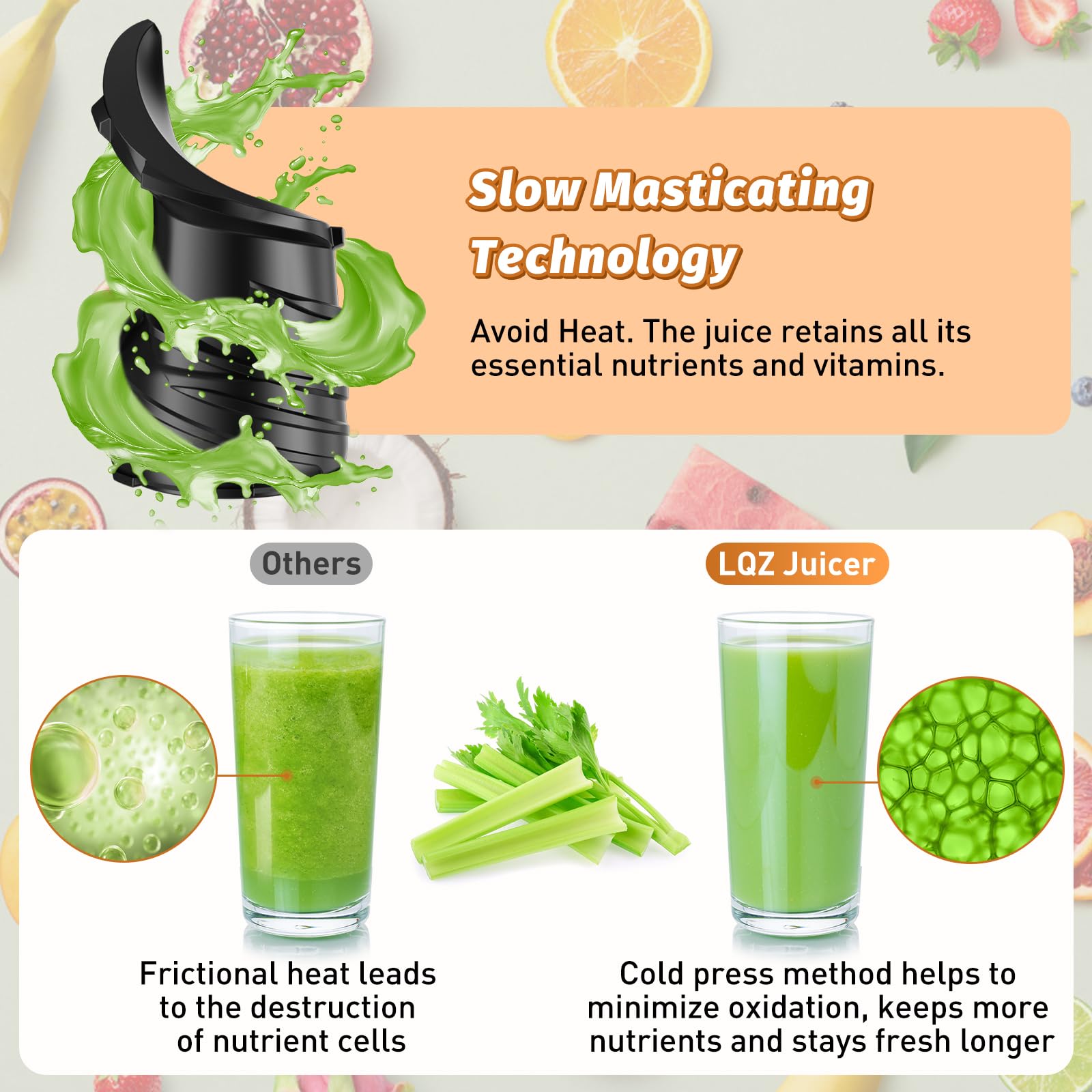 LQZ juicer features double-layer filtration for smoother juice with less pulp.