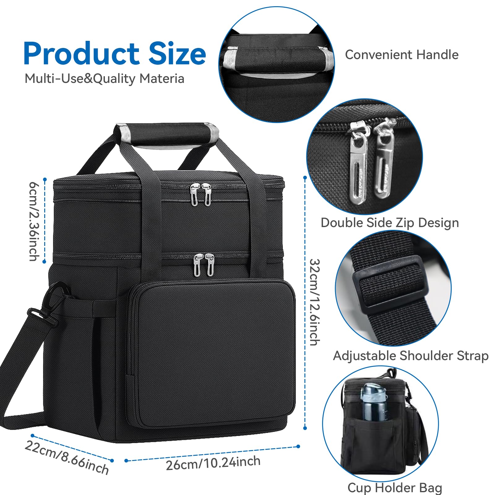 LRCXL lunch bag with adjustable strap for easy portability.