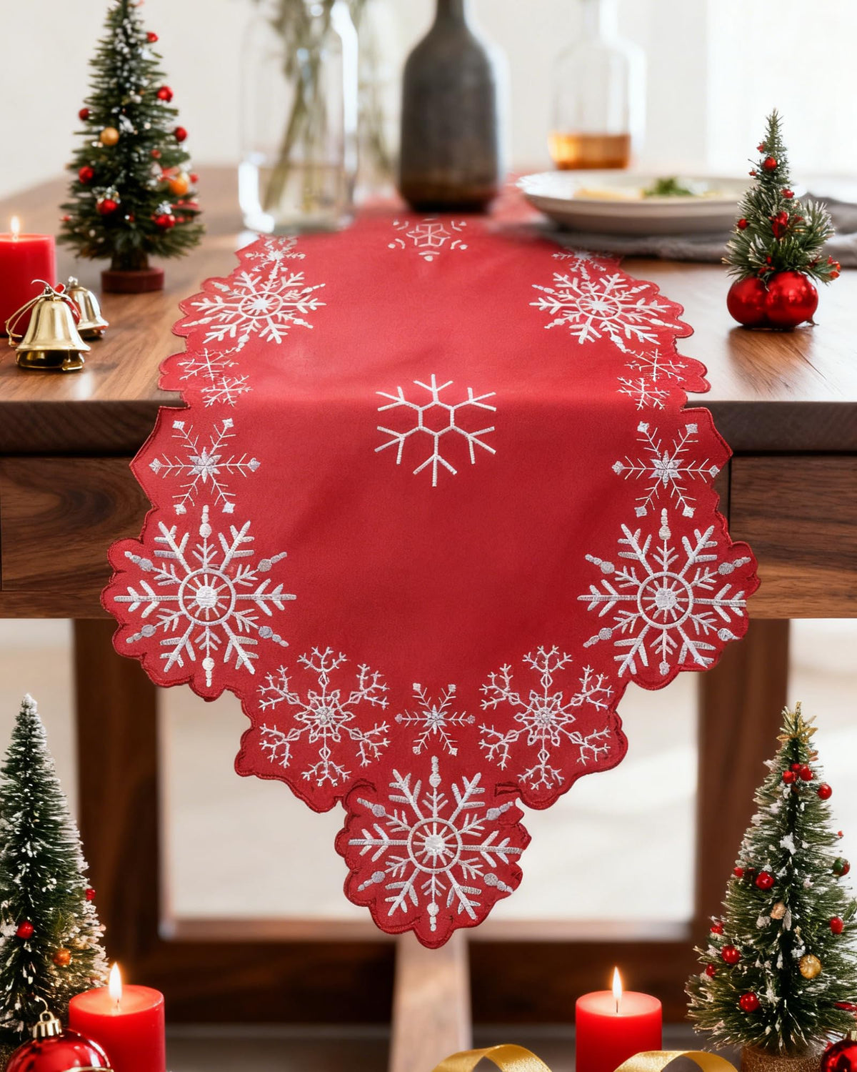 LRDOVIS Christmas table runner with red snowflake embroidery, a festive centerpiece for holiday dinners.