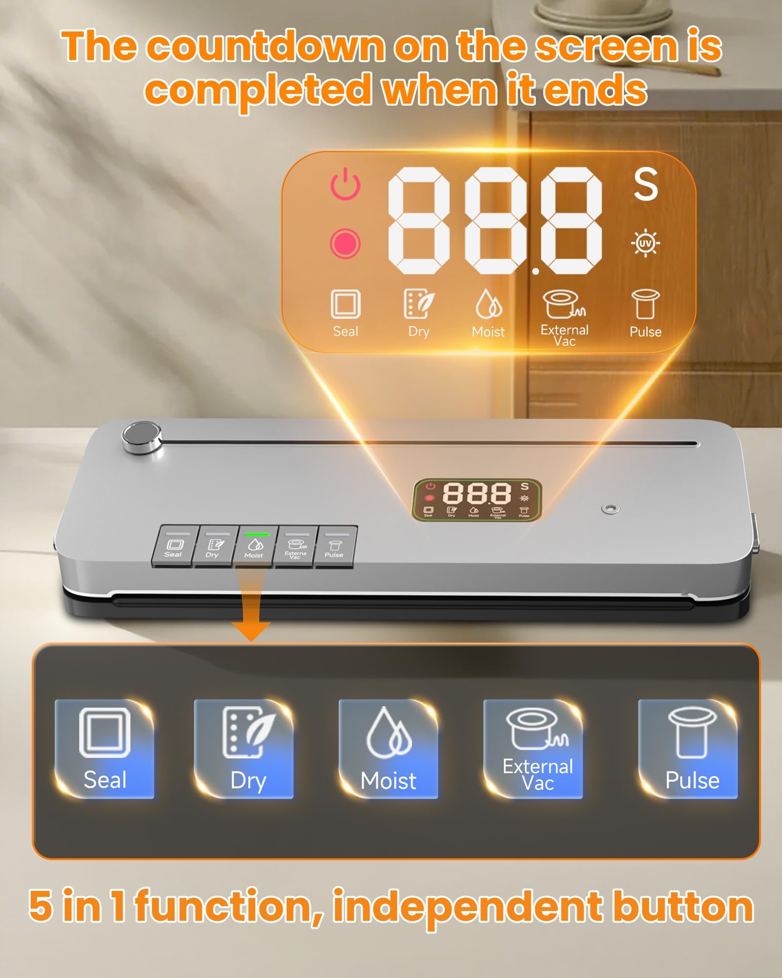 LSA Apparel 6-in-1 vacuum sealer close-up highlighting versatile functions for dry and moist foods.