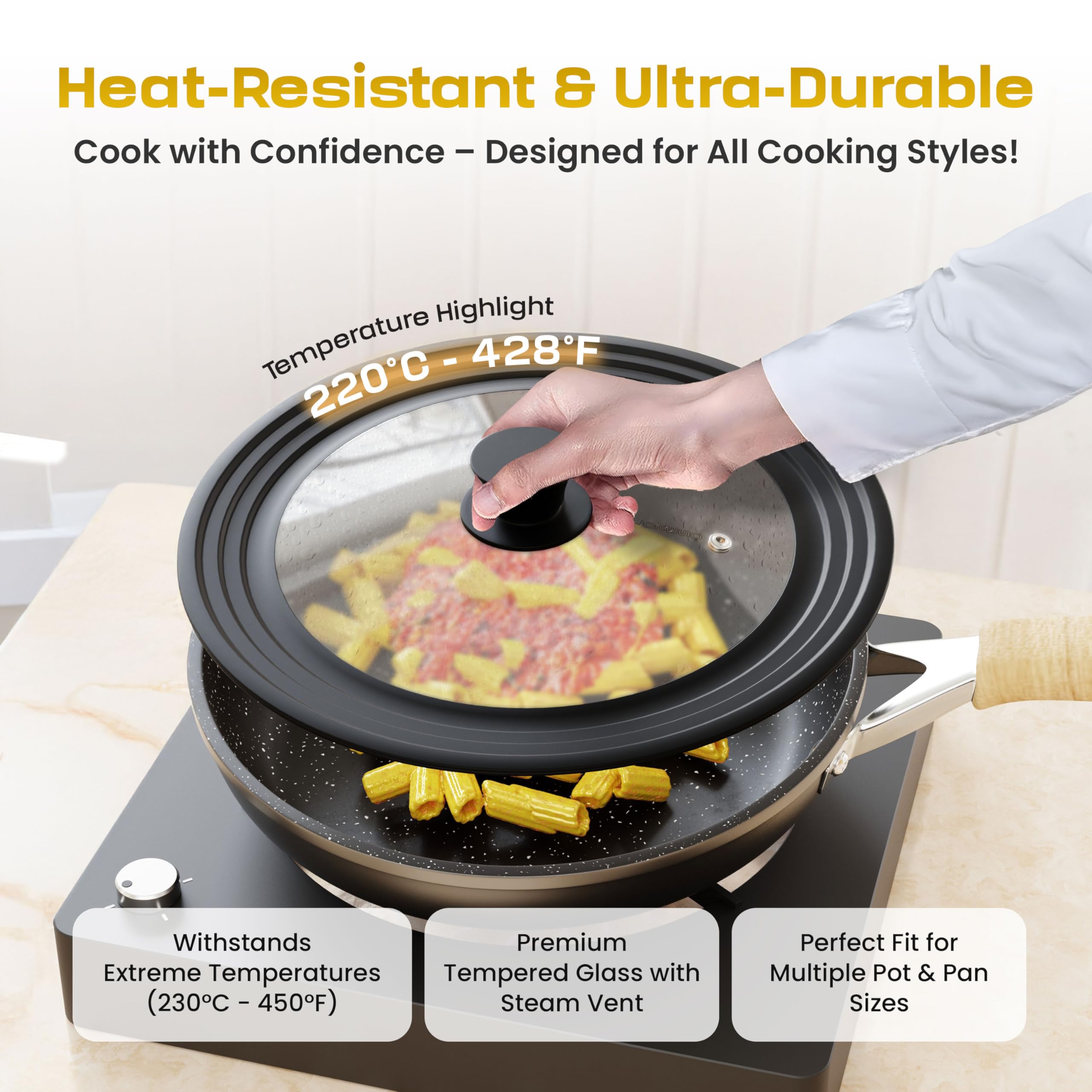 LSR LORESO lid with auto-sizing rim fits multiple cookware sizes