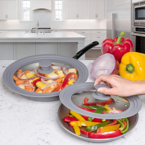 LSR LORESO two-pack lids cover pots, pans, and skillets for convenience.