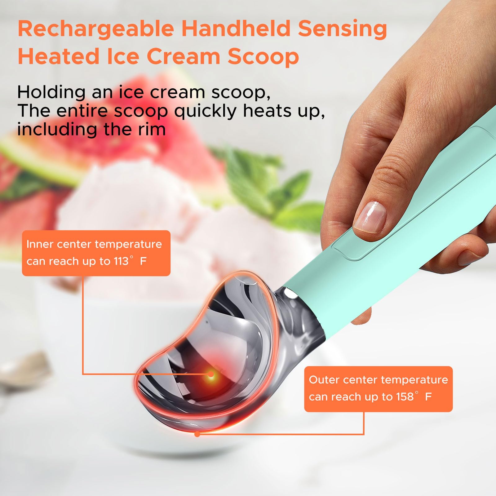 LT LAUDTEC heated ice cream scoop shows real-time temperature on the display