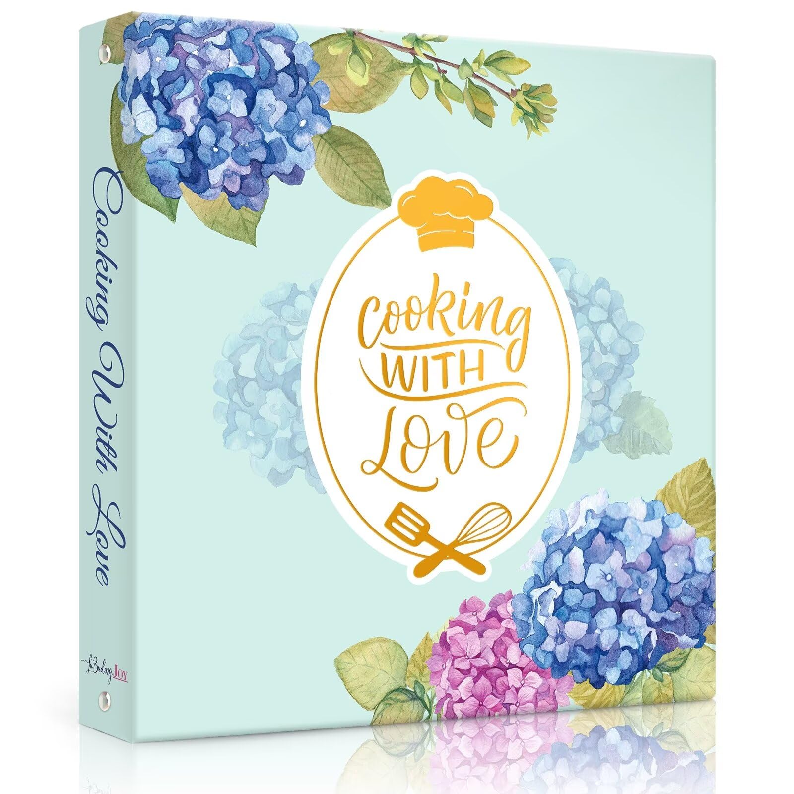 LuBudingJoy recipe binder cover in blue hydrangea enhances kitchen organization and easy access.
