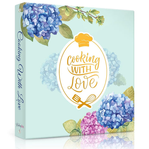 LuBudingJoy recipe binder cover in blue hydrangea enhances kitchen organization and easy access.