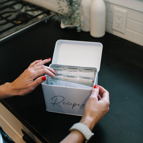 Luci & Lia magnetic wooden card holder displays cards at eye level while cooking.