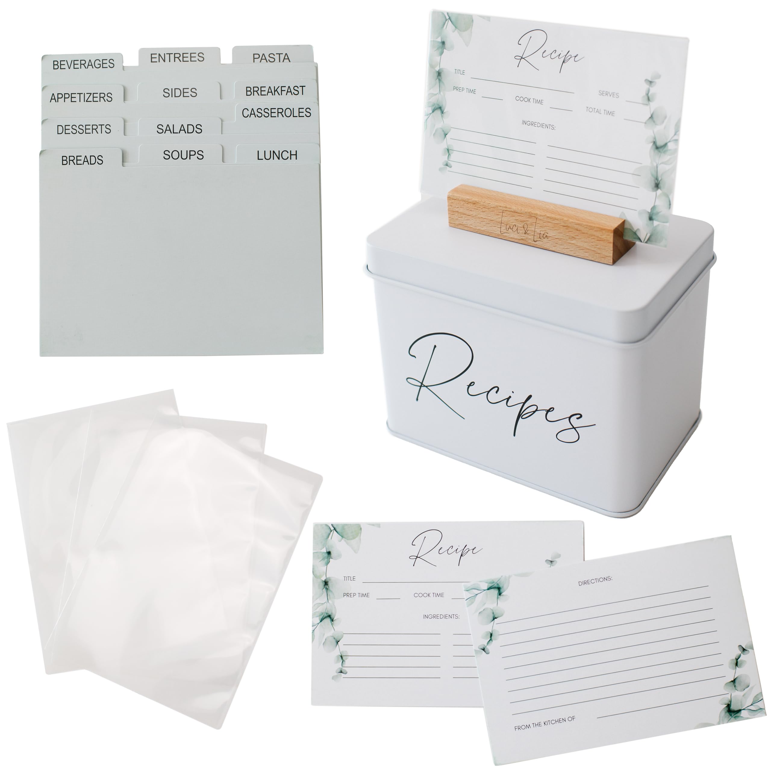 Luci & Lia white metal recipe box keeps recipes organized and protected.