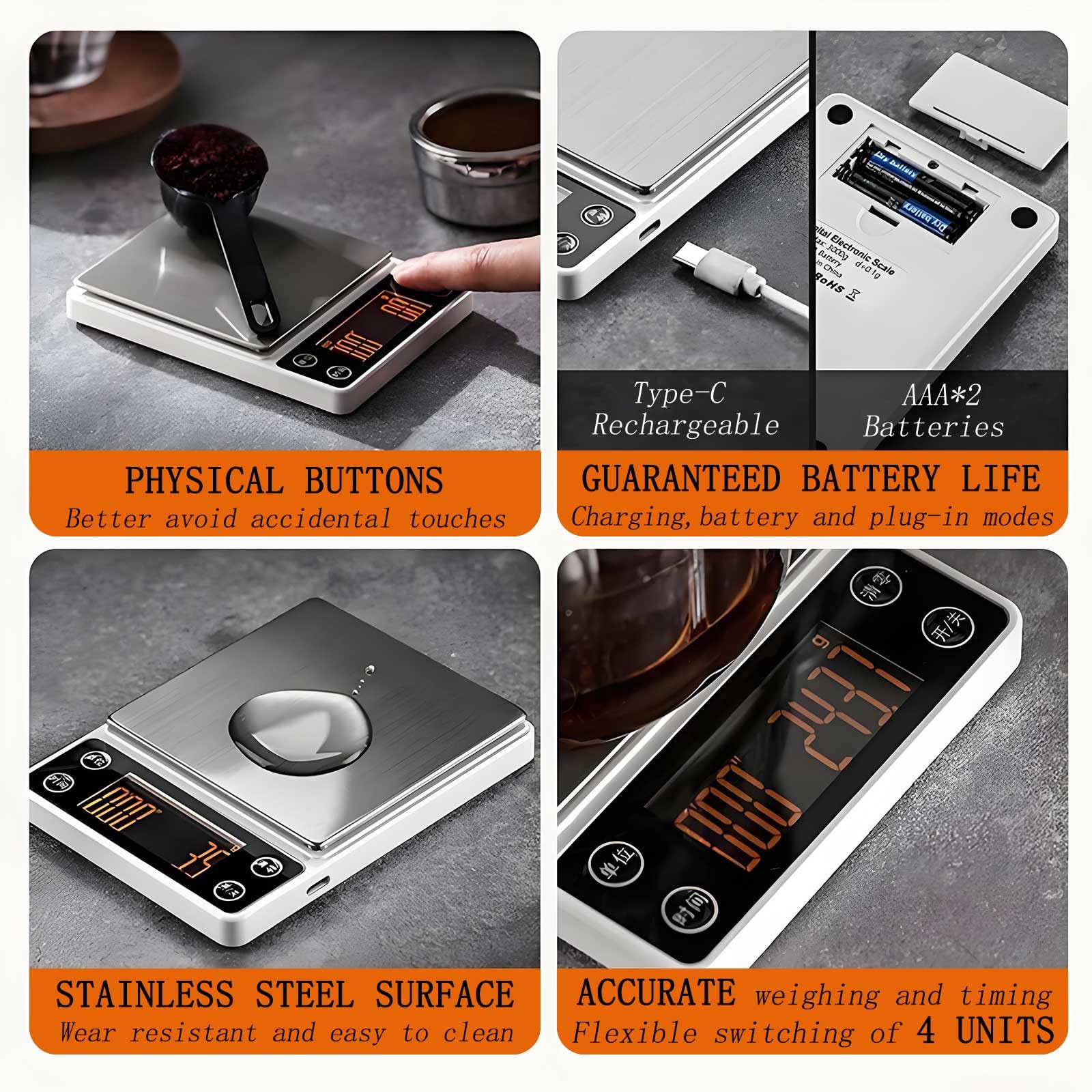 LUCKCENLY USB-C Rechargeable Coffee Scale charging via USB-C.