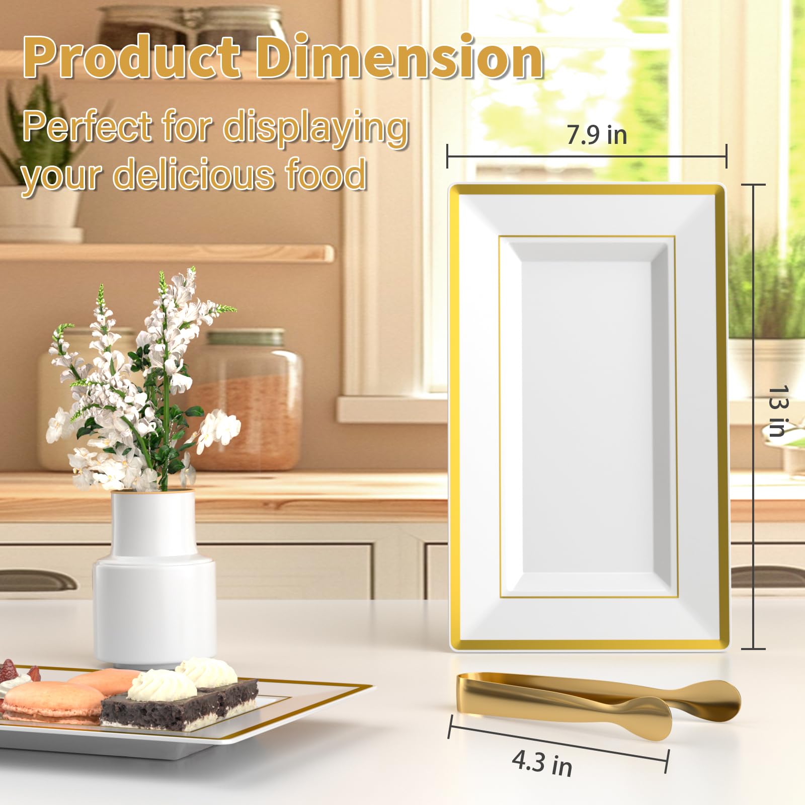 LUCKJUJU serving trays 13x7-9 inches white with gold rim
