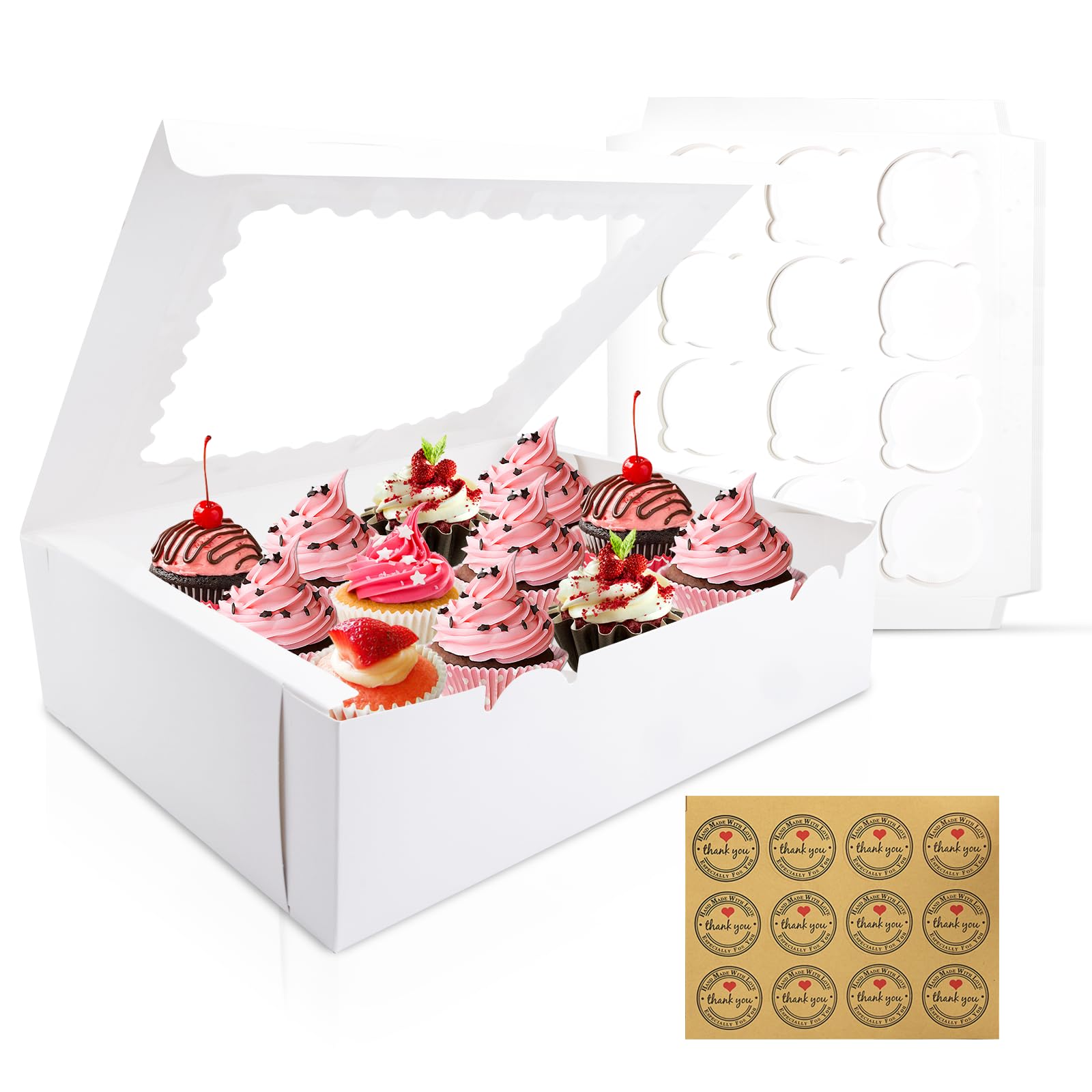 Luck.WH cupcake boxes with window, showing a 12-pack ready for 144 cupcakes.