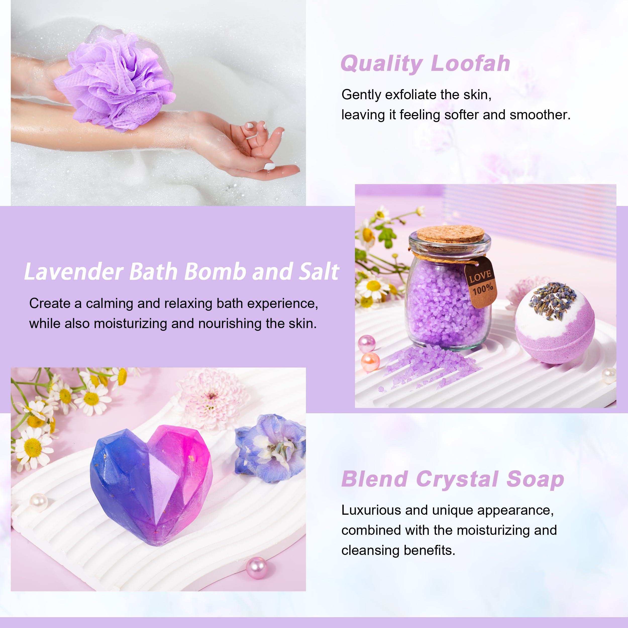 Lucotiya lavender bath bomb and loofah for a relaxing spa-like bath.