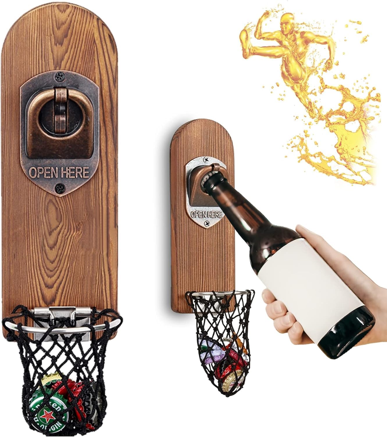 LUCYLANKER wall-mounted beer bottle opener with magnetic cap catcher for easy one-handed use.