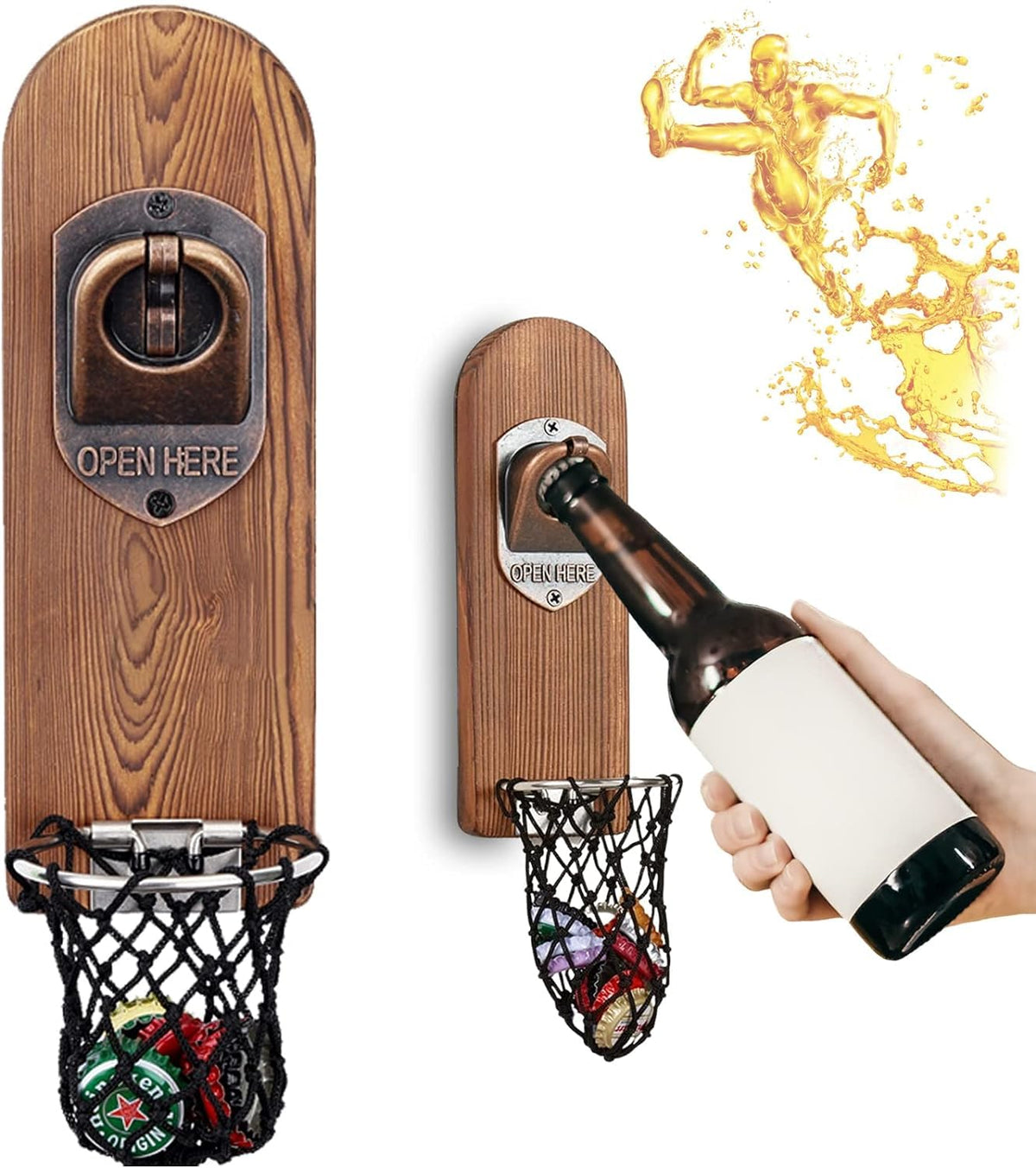 LUCYLANKER wall-mounted beer bottle opener with magnetic cap catcher for easy one-handed use.