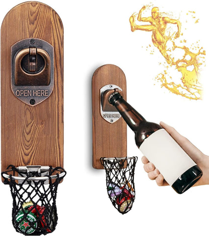 LUCYLANKER wall-mounted beer bottle opener with magnetic cap catcher for easy one-handed use.
