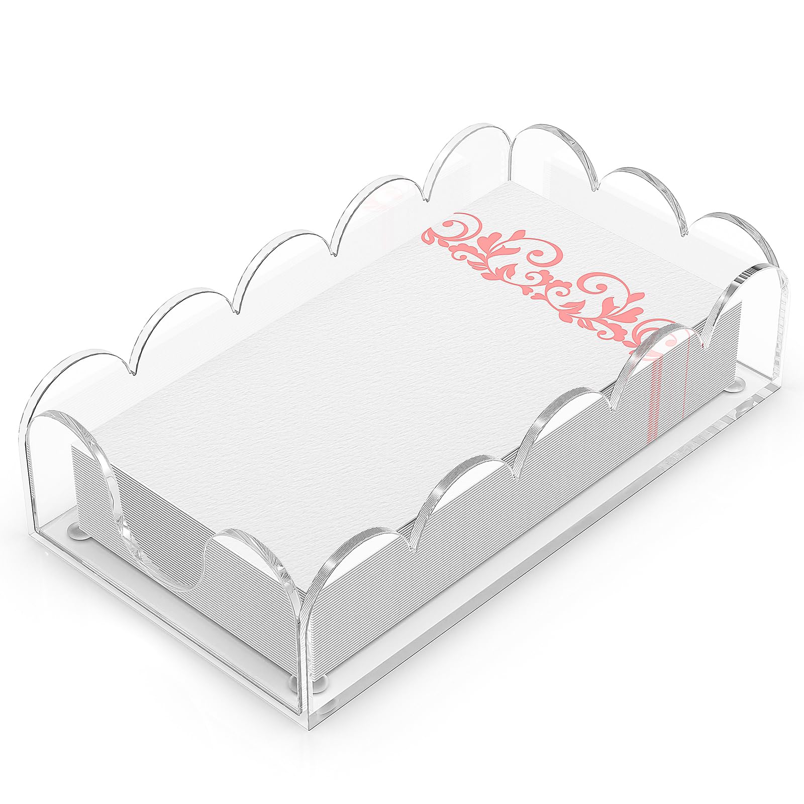 LUGUNU clear acrylic napkin holder with scalloped tray for organized dining surfaces.