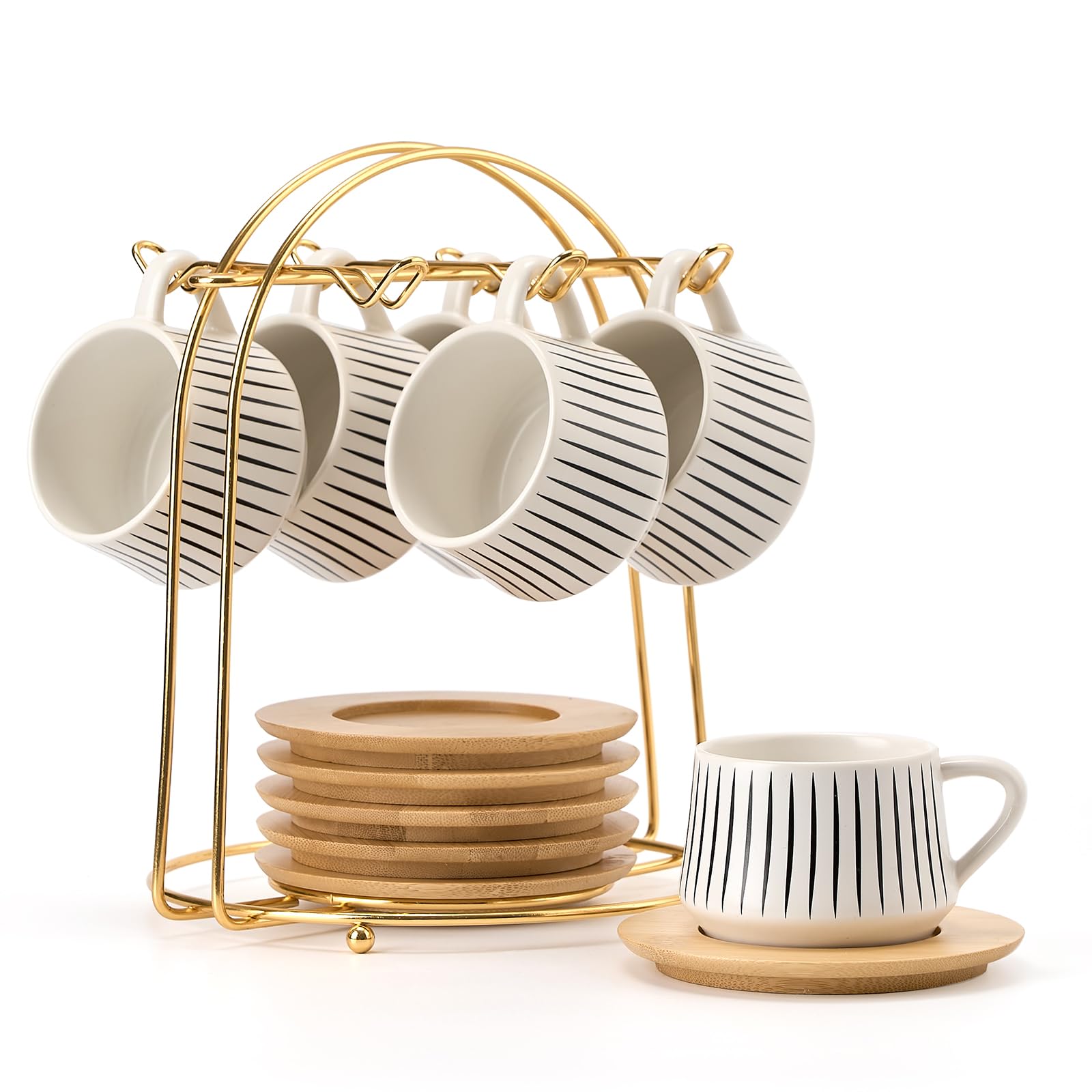 LUKA ceramic espresso cups with saucers showcase a polished look and space-saving design.