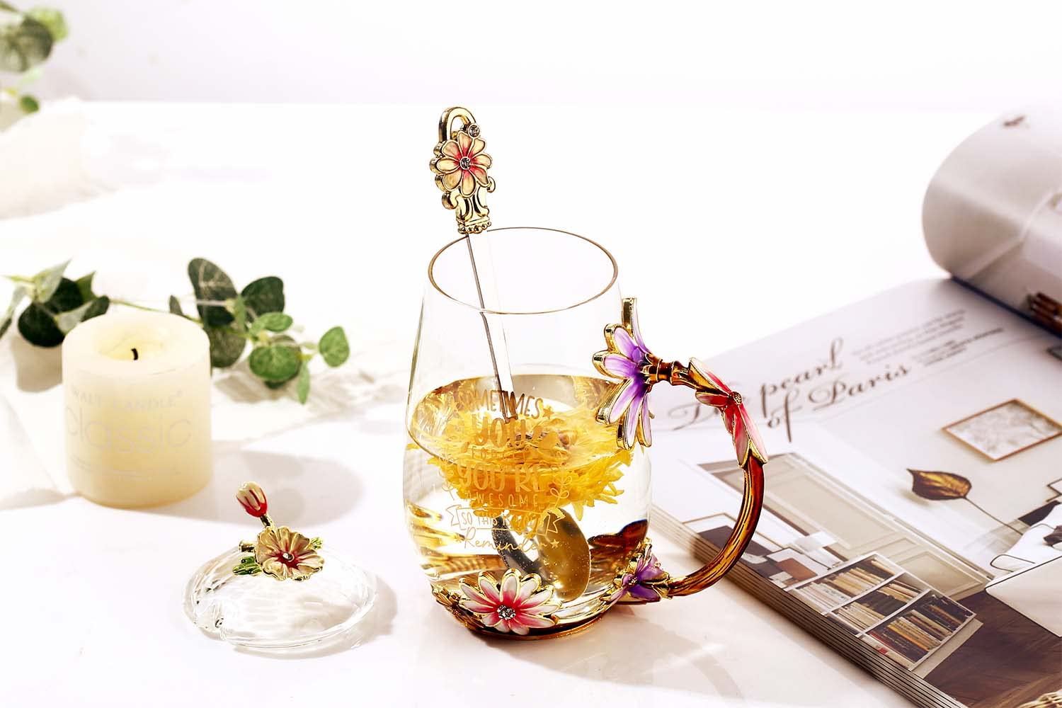 Luka Tech elegant flower tea mug showing real gold lettering for lasting appeal.