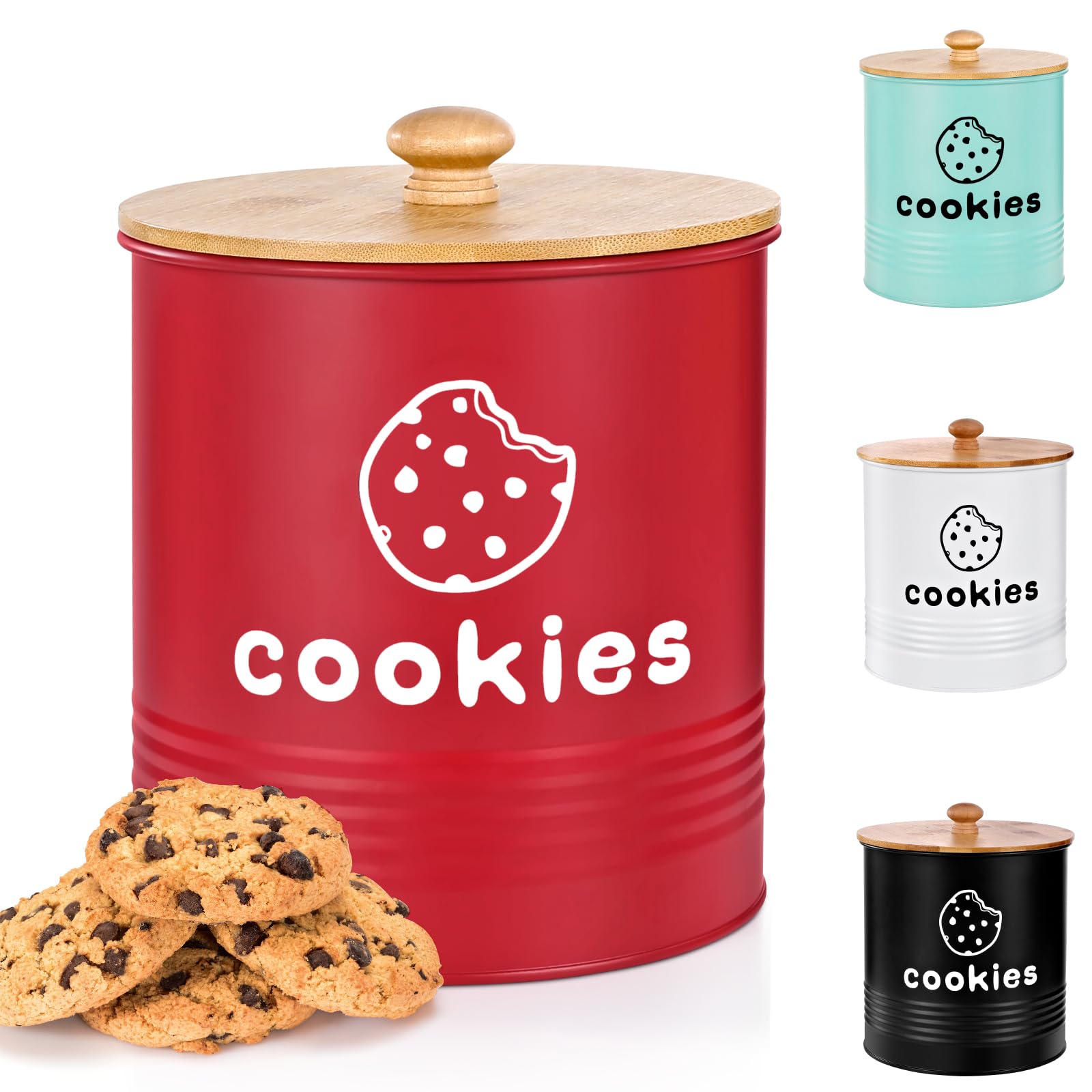 LUKMILEE red cookie jar with airtight lid, front view for pantry organization