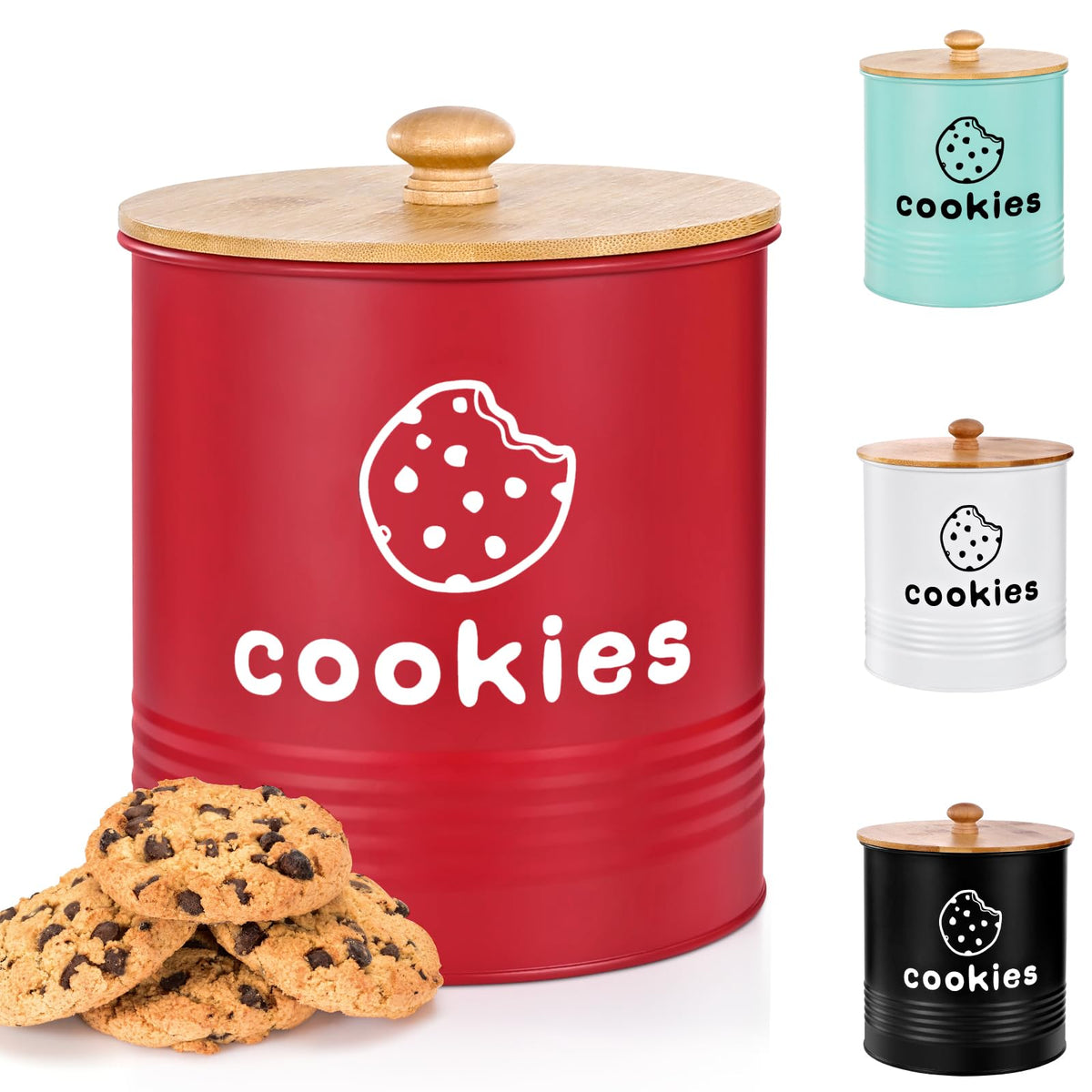 LUKMILEE red cookie jar with airtight lid, front view for pantry organization
