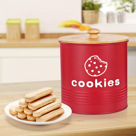 LUKMILEE red cookie jar with cookies displayed attractively