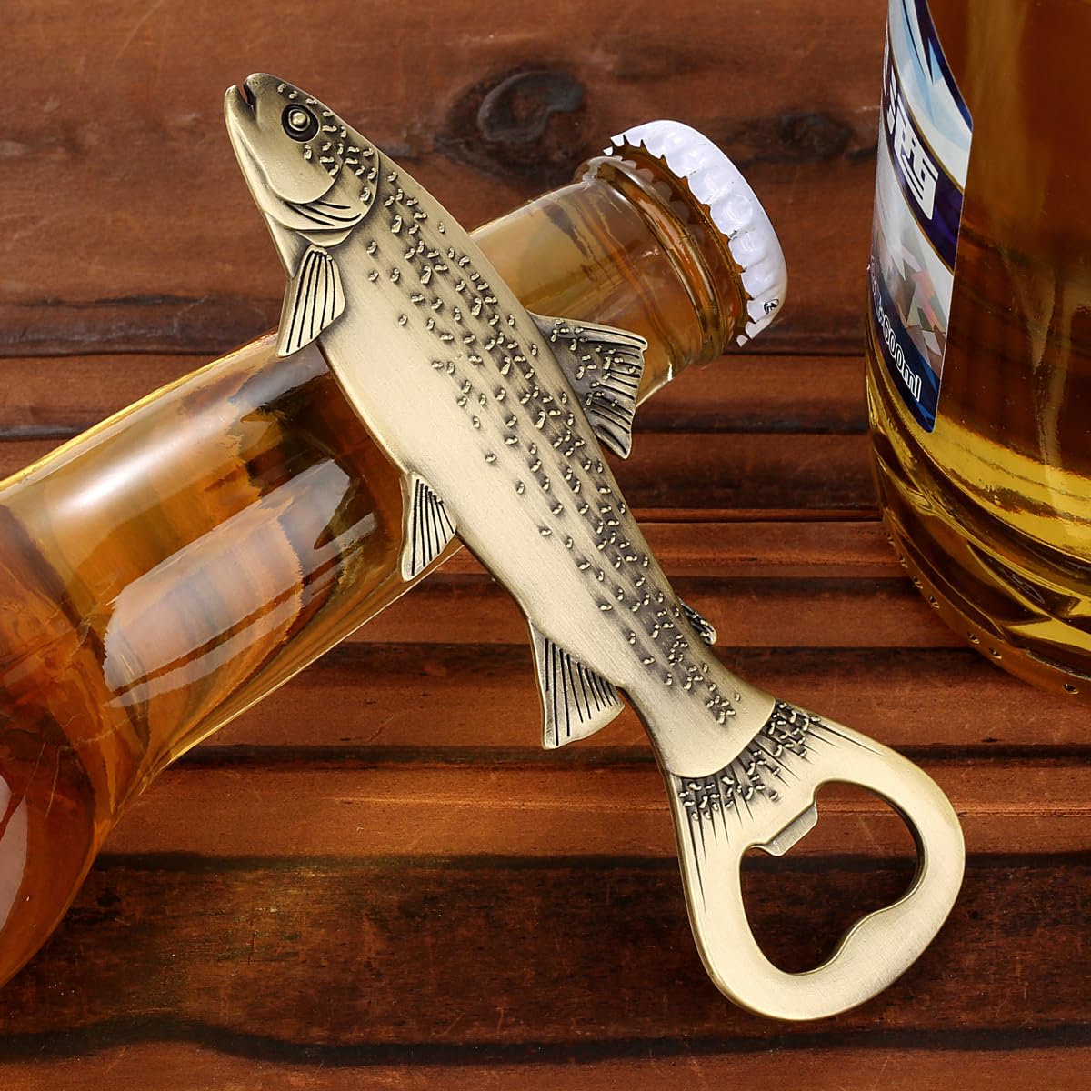 LULLEA bronze trout-shaped opener adds rustic charm to kitchens or cabin bars.