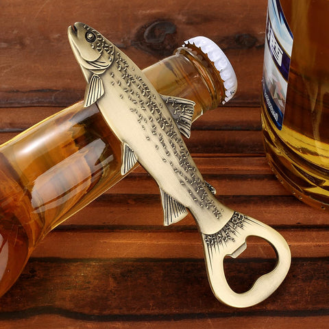 LULLEA bronze trout-shaped opener adds rustic charm to kitchens or cabin bars.