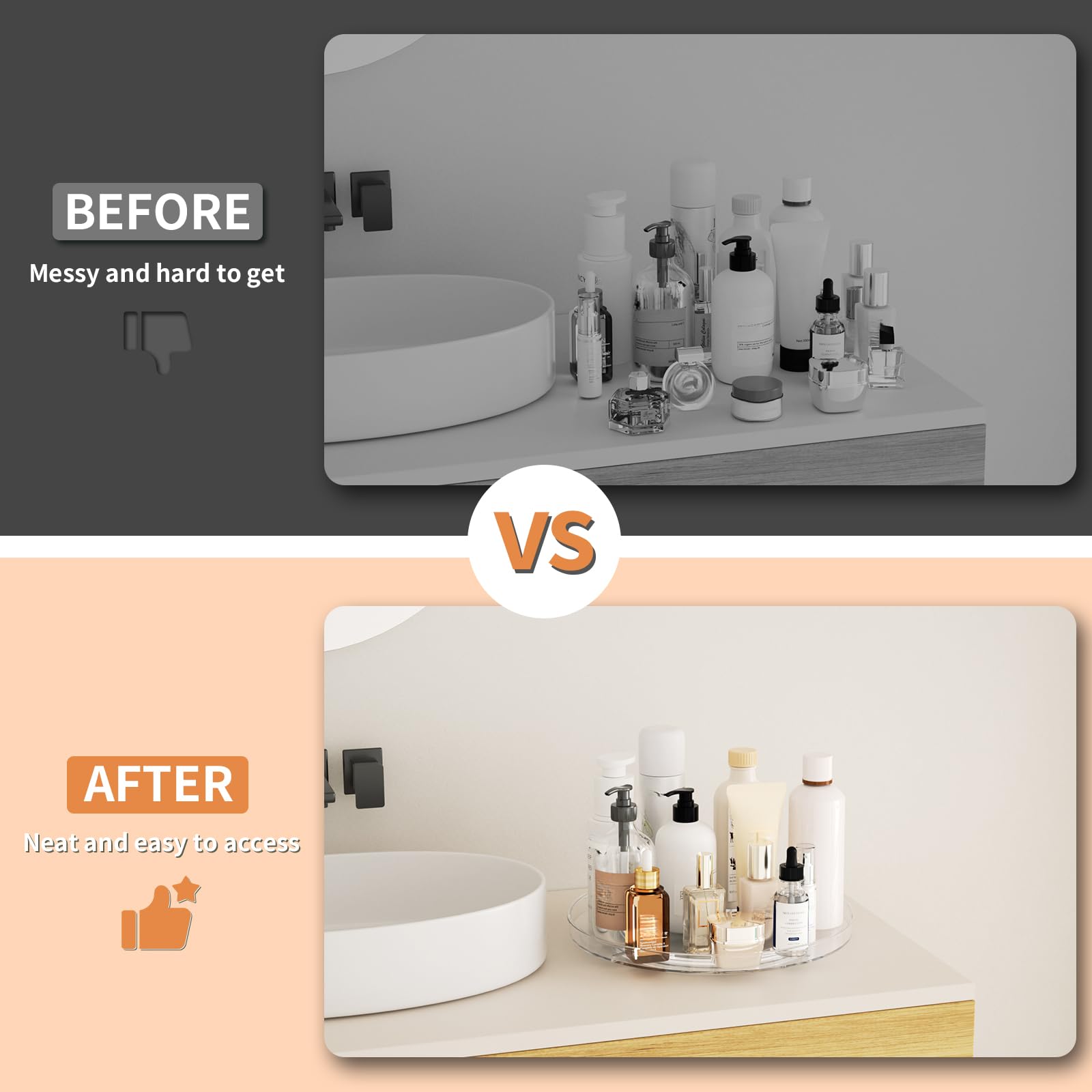 Lulltou 9-inch clear lazy Susan on bathroom counter with anti-slip support