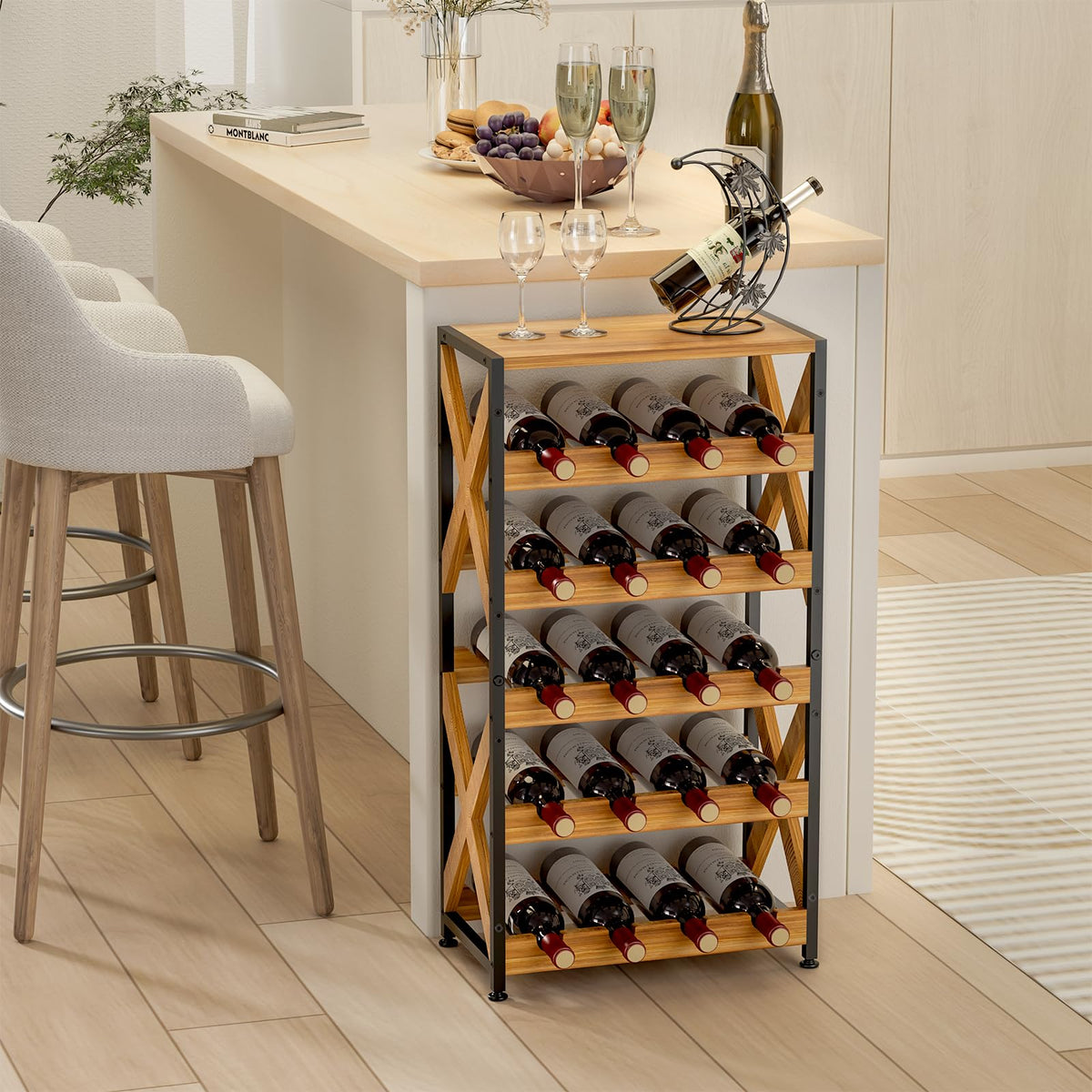 LUMAMU 20-bottle wine rack with wood top front view shows sturdy storage for bottles