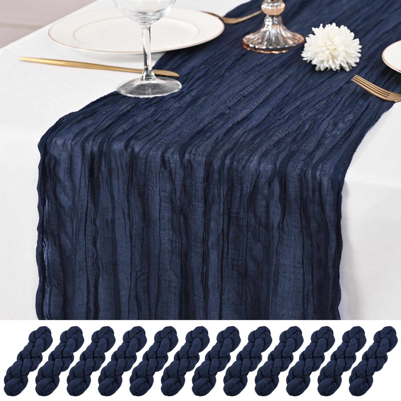 Lumaycens navy blue cheesecloth table runner drapes beautifully for weddings.