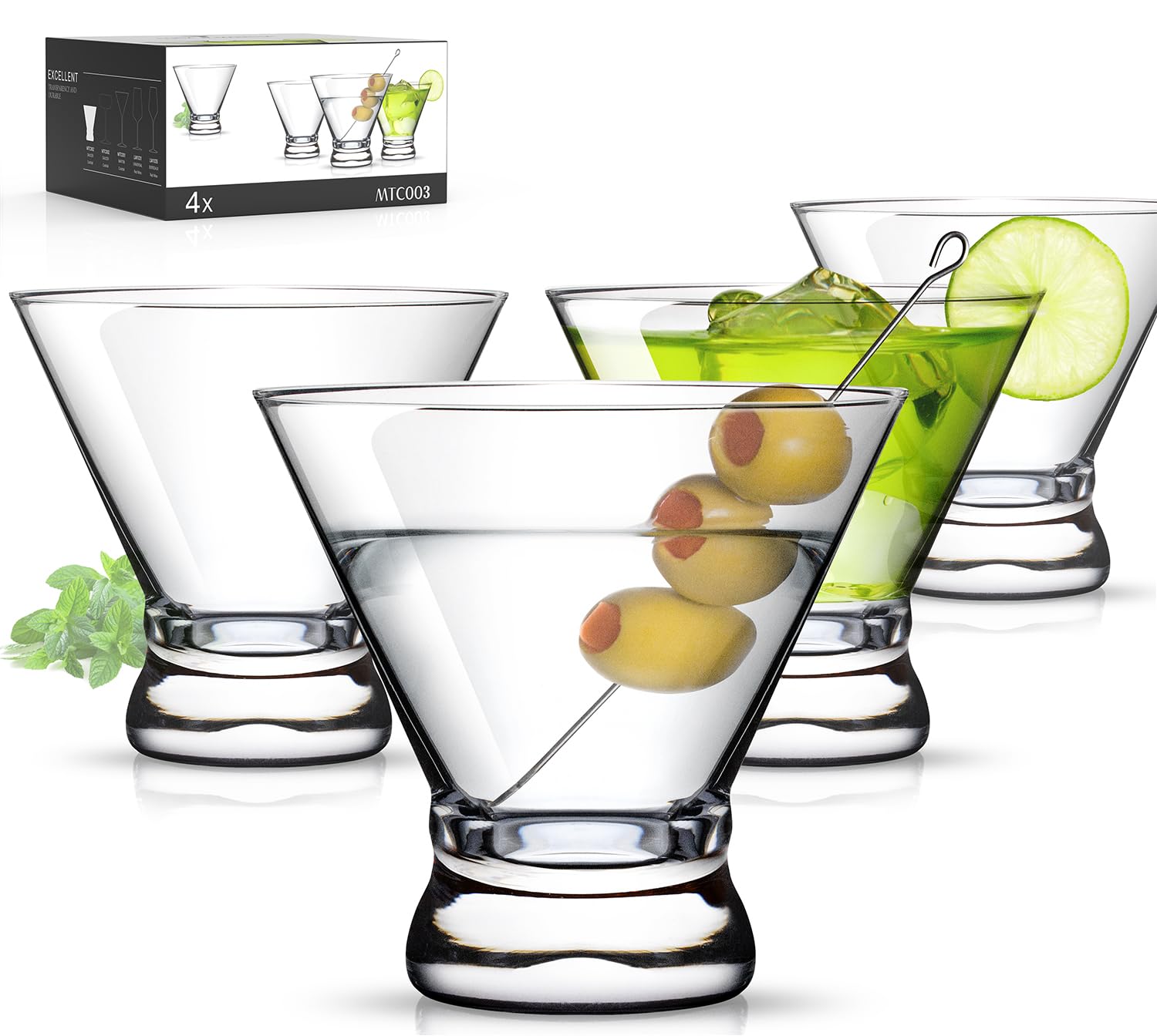 Luna & Mantha stemless martini glasses 8oz with a sturdy base for stable pours.