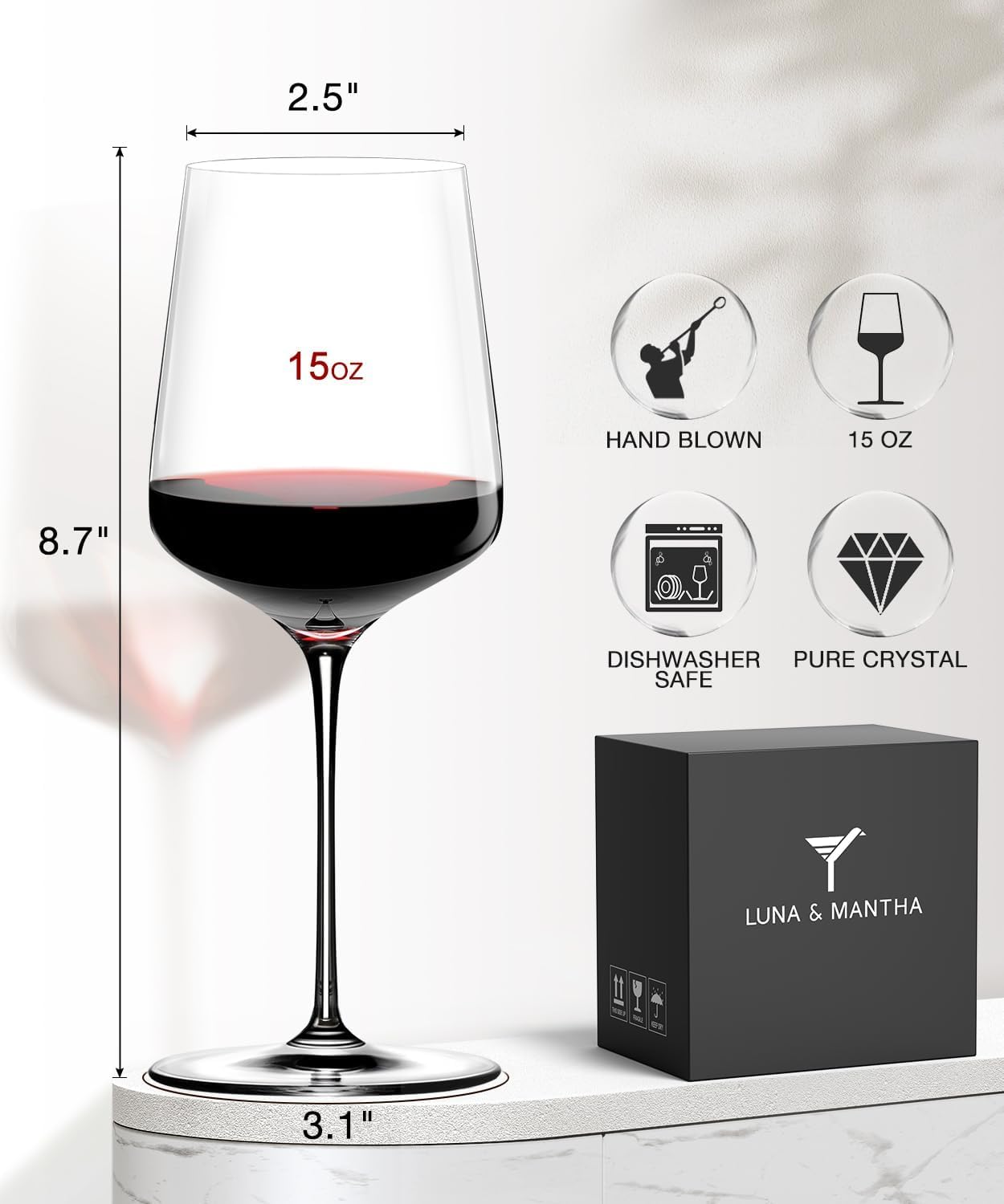 Luna & Mantha wine glasses on a dinner table, ideal for celebrations.