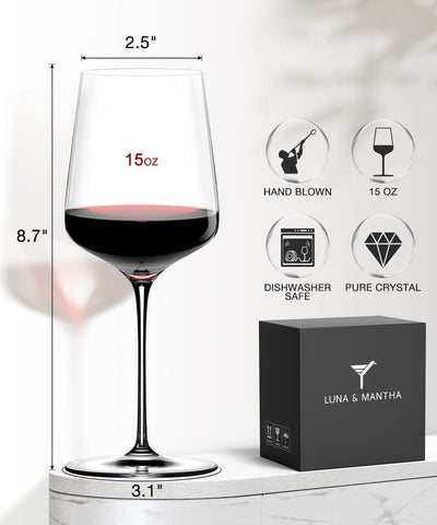 Luna & Mantha wine glasses on a dinner table, ideal for celebrations.