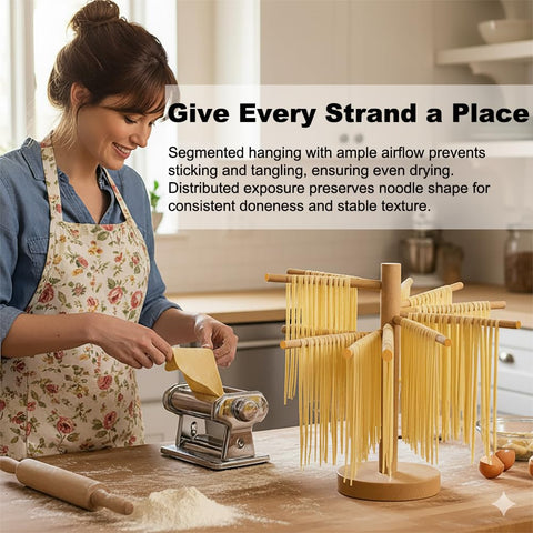 LunaCozy Beech Wood Pasta Drying Rack with 16 rods promoting airflow for even drying.