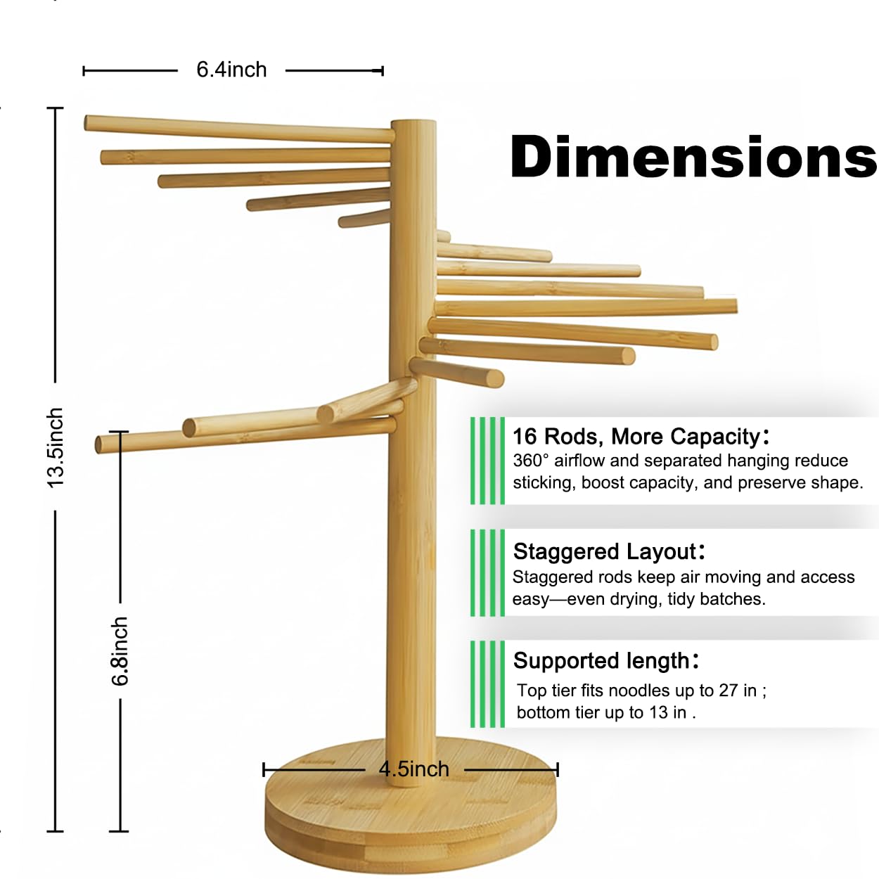 LunaCozy Beech Wood Pasta Drying Rack holds long noodles neatly during drying.
