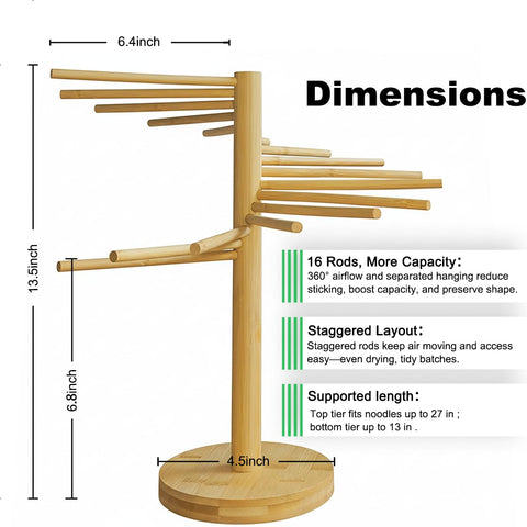 LunaCozy Beech Wood Pasta Drying Rack holds long noodles neatly during drying.