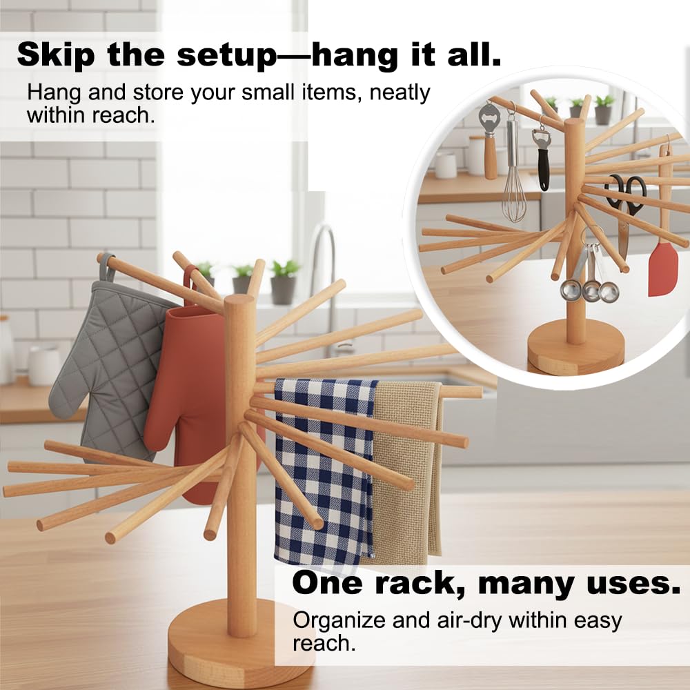 LunaCozy Beech Wood Pasta Drying Rack saves space with upright storage.