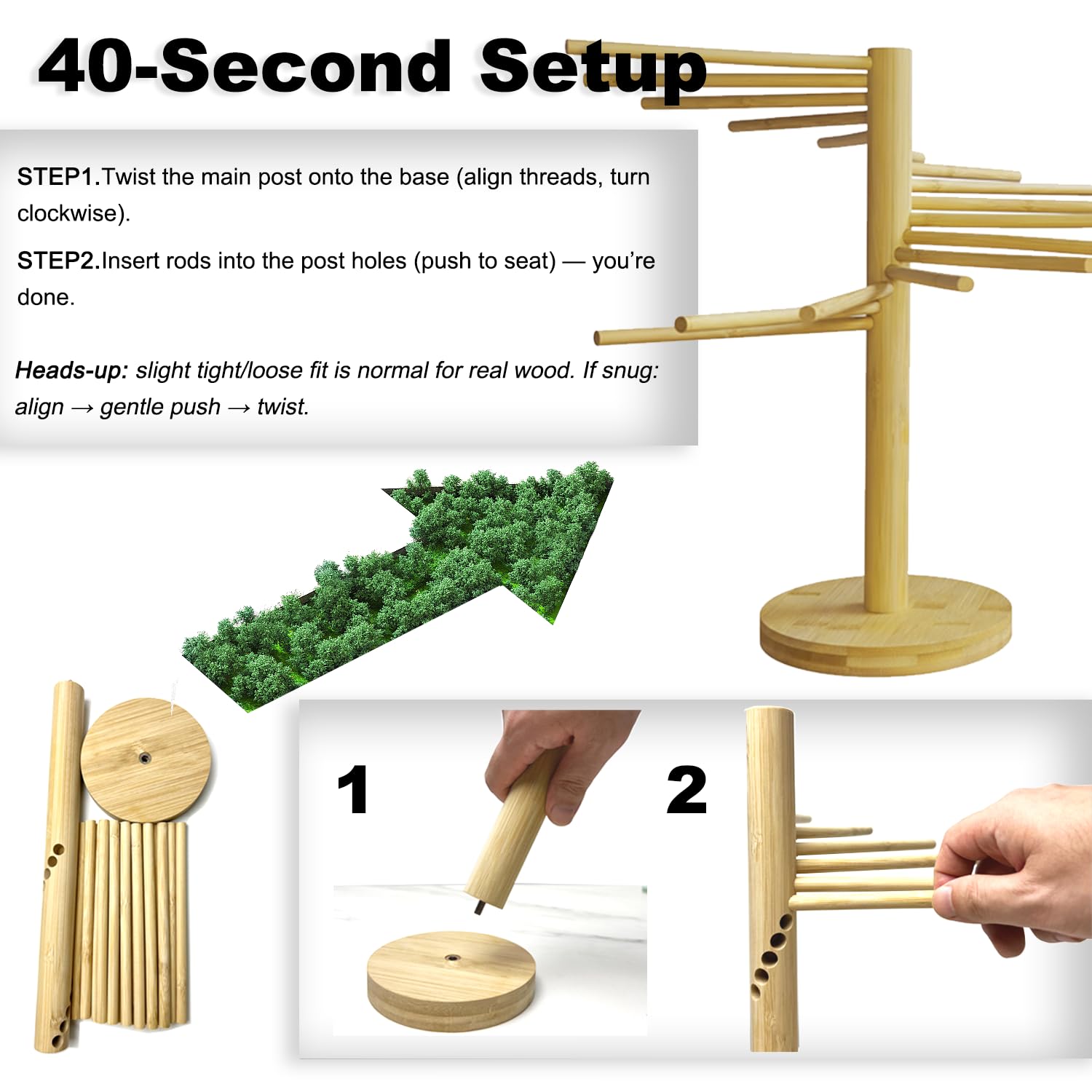 LunaCozy Beech Wood Pasta Drying Rack top tier to 27 in, bottom tier to 14 in.